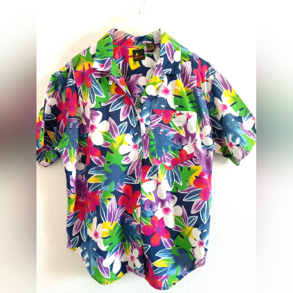 Liz Sport Petite Bright Floral Camp Shirt 80s Colorful Oversized Petite Small PS